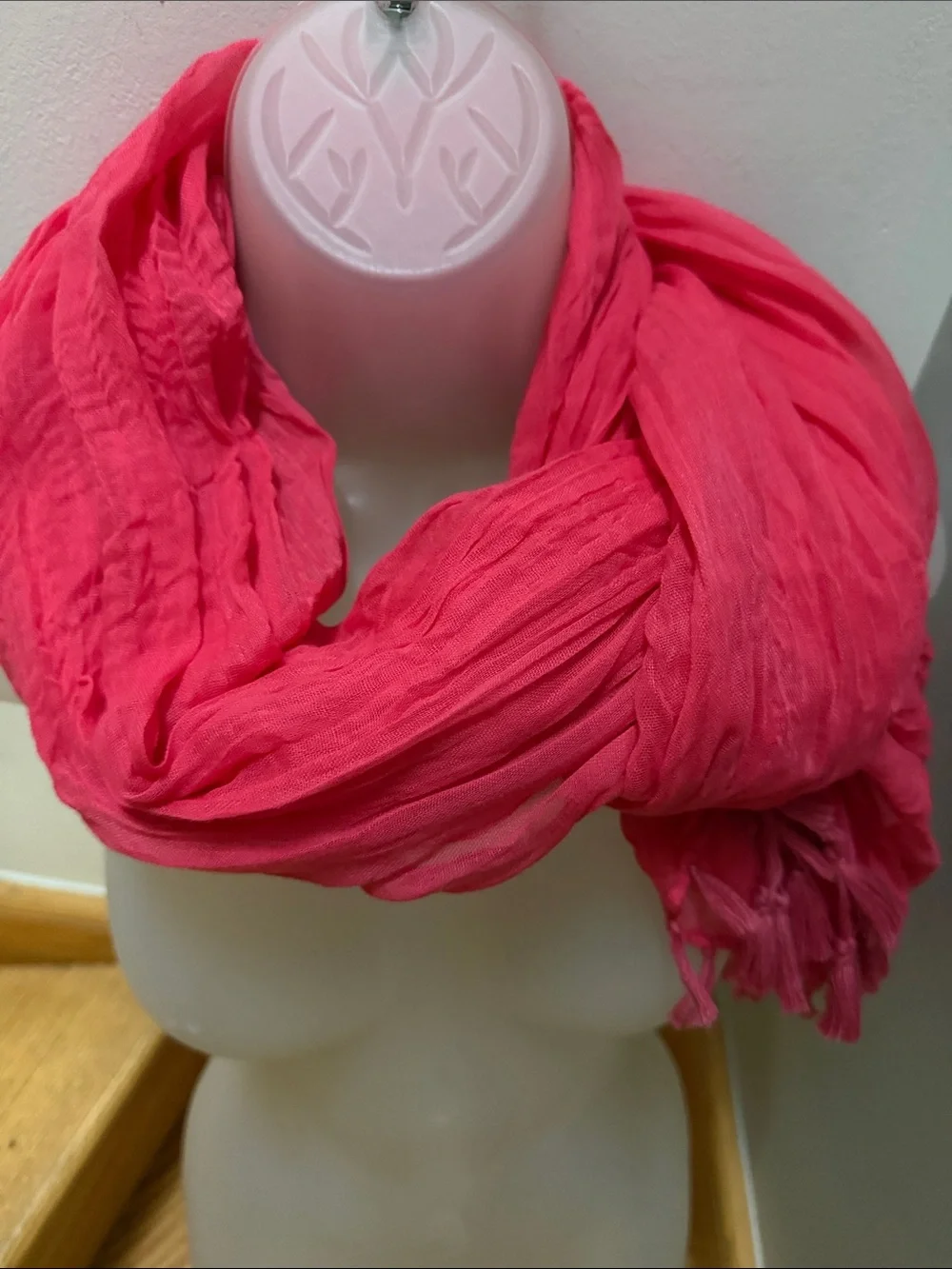 Vibrant Magenta Pink Crinkle Gauze Scarf with Tassels | Boho Lightweight Wrap